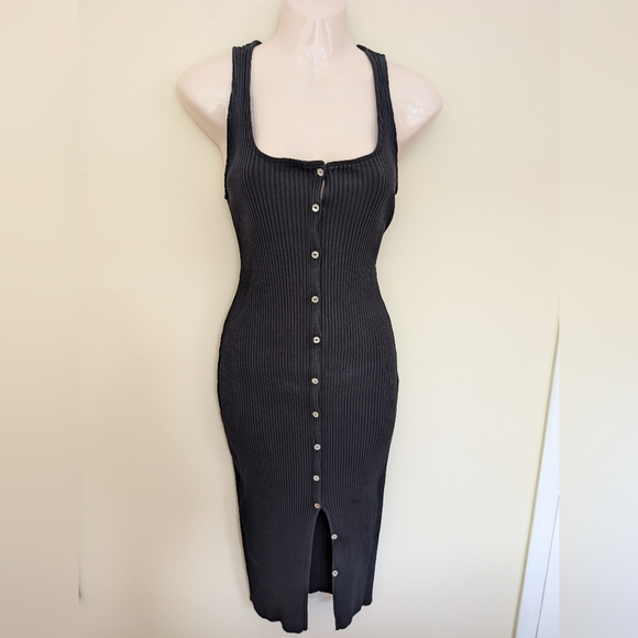Zara Black Cotton Ribbed Midi Dress Medium - Picture 3 of 10
